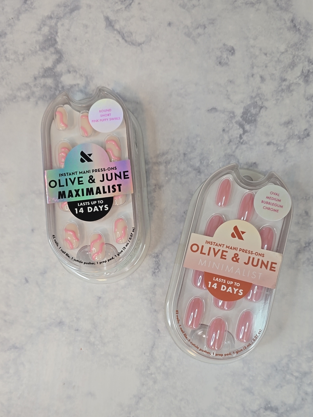 Olive & June Pink Press-On Nails Round Pink Puffy Swirls Oval Bubblegum Chrome